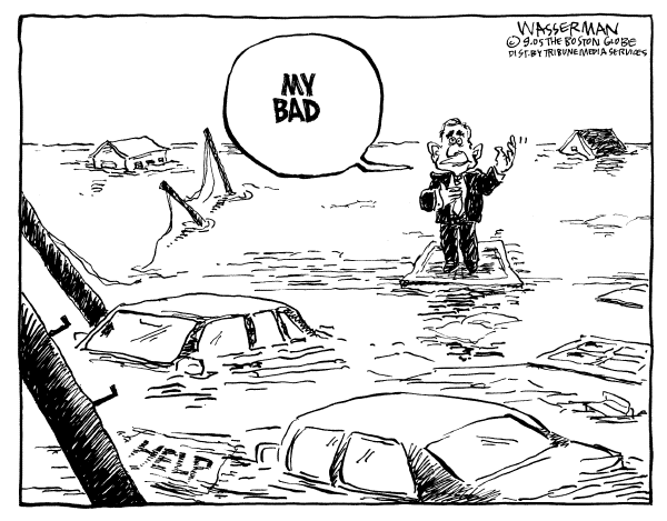 Political cartoon on Bush Accepts Responsibility by Dan Wasserman, Boston Globe