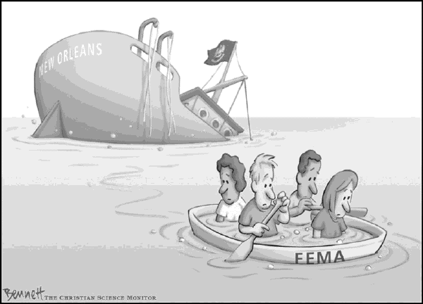 Political cartoon on Katrina's Toll Rises  by Clay Bennett, Christian Science Monitor