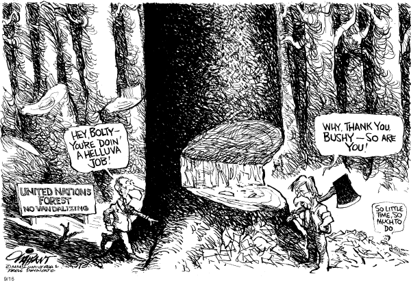 Political cartoon on In Other News by Pat Oliphant, Universal Press Syndicate