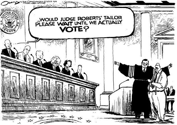 Political cartoon on Roberts Sailing Through Hearings by Jack Ohman, The Oregonian