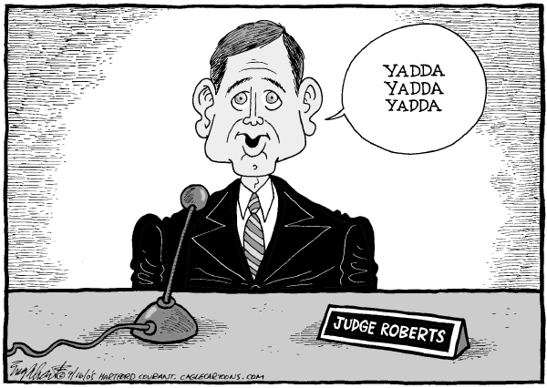 Political cartoon on Roberts Sailing Through Hearings by Bob Engelhart, Hartford Courant