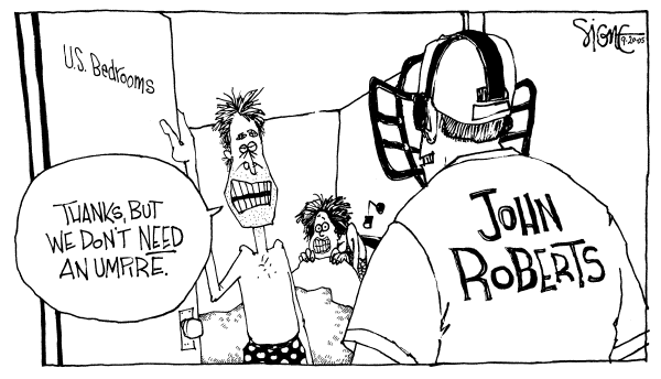 Political cartoon on Roberts Sailing Through Hearings by Signe Wilkinson, Philadelphia Daily News