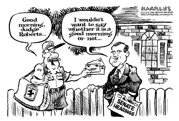 Political cartoon on Roberts Sailing Through Hearings by Jimmy Margulies, The Record, New Jersey