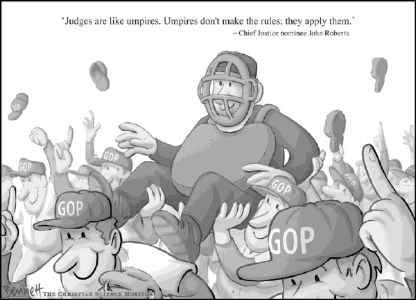 Political cartoon on Roberts Sailing Through Hearings by Clay Bennett, Christian Science Monitor