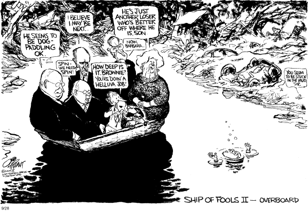 Political cartoon on Michael Brown Testifies by Pat Oliphant, Universal Press Syndicate