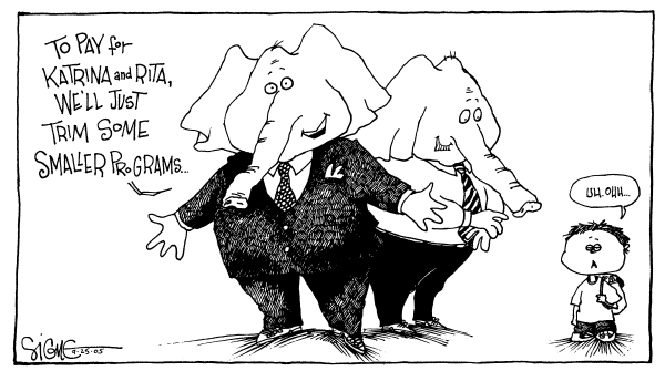 Political cartoon on Hurricane Rita Slams Coast by Signe Wilkinson, Philadelphia Daily News