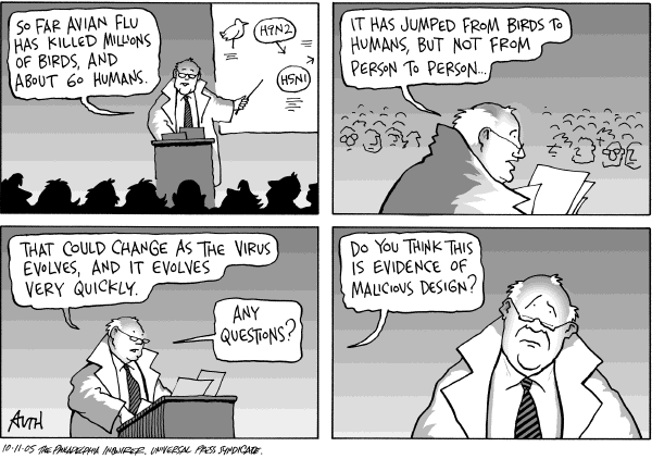 Political cartoon on Avian Flu on the Way by Tony Auth, Philadelphia Inquirer