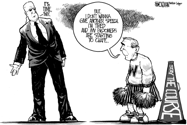 Political cartoon on Bush Working Overtime by Drew Sheneman, Newark Star Ledger