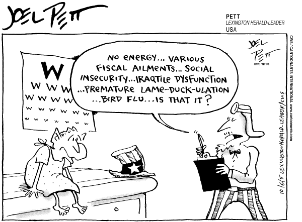 Political cartoon on Bush Working Overtime by Joel Pett, Lexington Observer