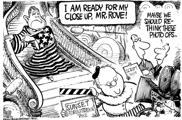 Political cartoon on Bush Working Overtime by Mike Lane, Cagle Cartoons