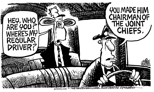 Political cartoon on Bush Working Overtime by Mike Peters, Dayton Daily News