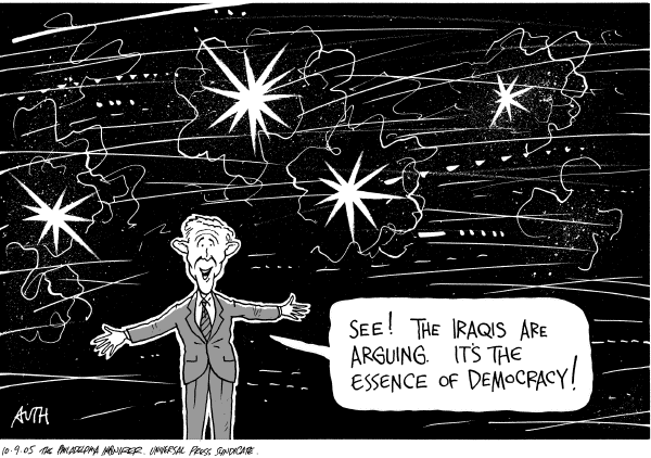 Political cartoon on The End is Near in Iraq by Tony Auth, Philadelphia Inquirer