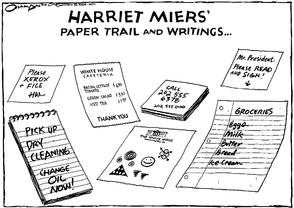 Political cartoon on Miers Nomination in Trouble by Jack Ohman, The Oregonian