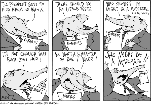 Political cartoon on Miers Nomination in Trouble by Tony Auth, Philadelphia Inquirer