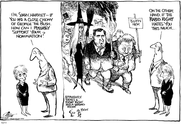 Political cartoon on Miers Nomination in Trouble by Pat Oliphant, Universal Press Syndicate