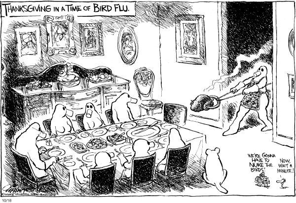 Political cartoon on Natural Disasters Continue by Pat Oliphant, Universal Press Syndicate
