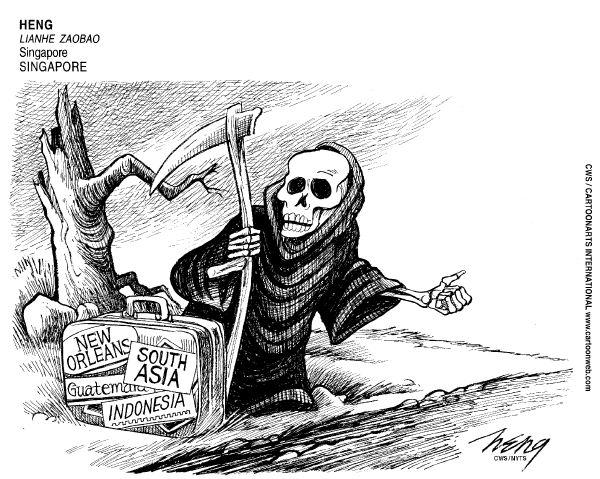 Political cartoon on Natural Disasters Continue by Heng, Lianhe Zaobao, Singapore
