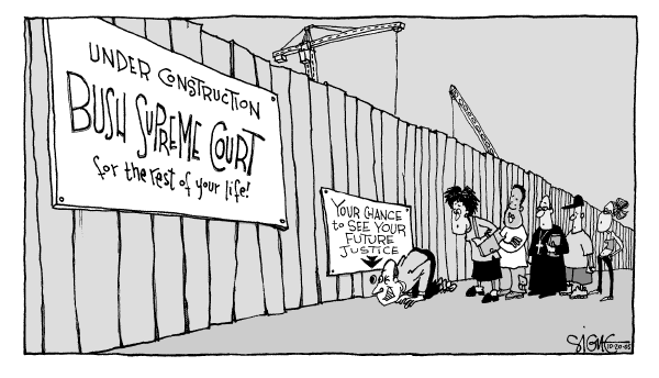Political cartoon on Bush Praises Harriet Miers by Signe Wilkinson, Philadelphia Daily News