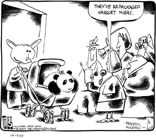 Political cartoon on Bush Praises Harriet Miers by Tom Toles, Washington Post
