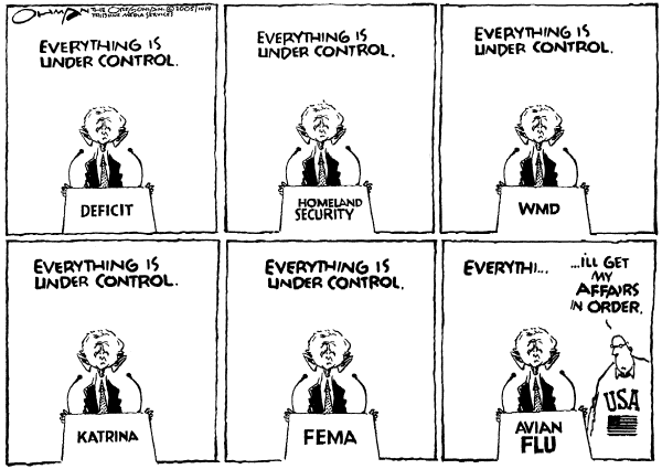 Political cartoon on Bush Stays the Course by Jack Ohman, The Oregonian