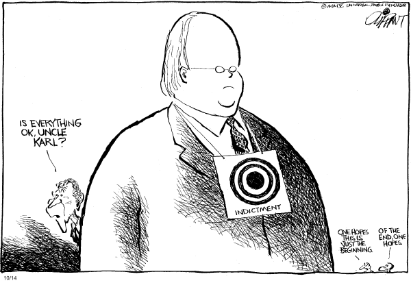 Political cartoon on White House Braces for Indictments by Pat Oliphant, Universal Press Syndicate