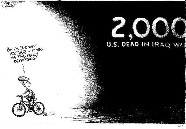 Political cartoon on US Reaches Milestone in Iraq by Pat Oliphant, Universal Press Syndicate