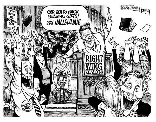 Political cartoon on Bush Nominates Samuel Alito by David Horsey, Seattle Post-Intelligencer