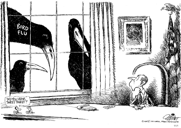 Political cartoon on US Prepares for Avian Flu by Pat Oliphant, Universal Press Syndicate
