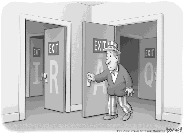 Political cartoon on Progress in Iraq by Clay Bennett, Christian Science Monitor