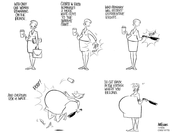 Political cartoon on Alito Battle Shapes Up by Ann Telnaes, Tribune Media Services