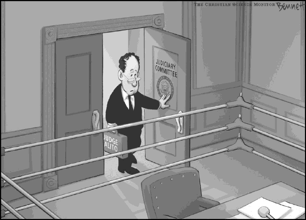 Political cartoon on Alito Battle Shapes Up by Clay Bennett, Christian Science Monitor
