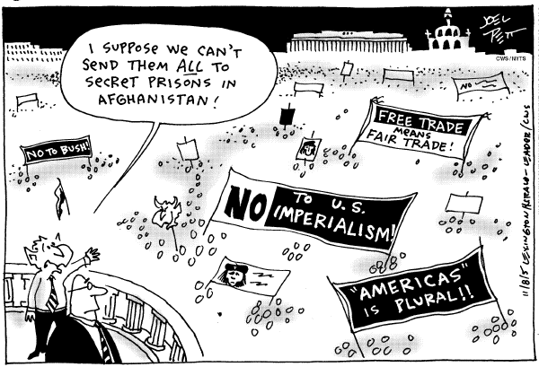 Political cartoon on Bush Forges Ahead by Joel Pett, Lexington Observer