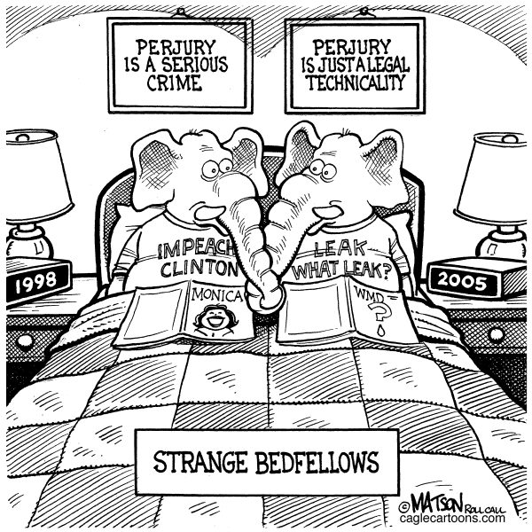 Political cartoon on Plame Investigation Continues by RJ Matson, New York Observer