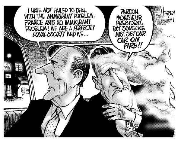 Political cartoon on French Rioting Abates by David Horsey, Seattle Post-Intelligencer
