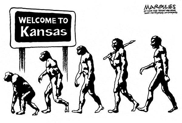 Political cartoon on Kansas Approves of Intelligent Design by Jimmy Margulies, The Record, New Jersey