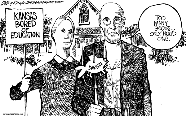 Political cartoon on Kansas Approves of Intelligent Design by Mike Keefe, Denver Post