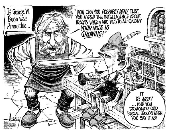 Political cartoon on Bush Under Fire for Pre-War Intelligence by David Horsey, Seattle Post-Intelligencer