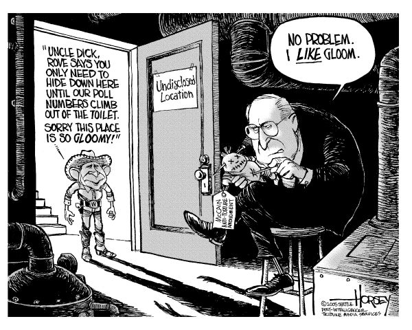 Political cartoon on Secret Prisons & Torture Deemed Necessary by David Horsey, Seattle Post-Intelligencer