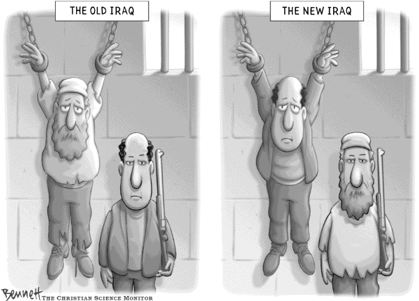 Political cartoon on Iraq War at Critical Juncture by Clay Bennett, Christian Science Monitor