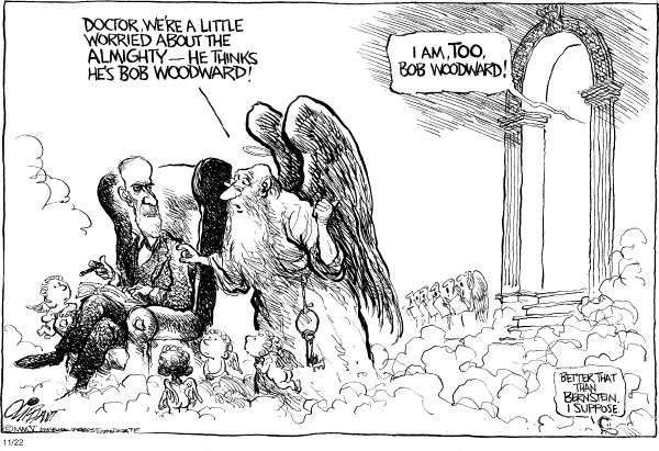 Political cartoon on Bob Woodward Claims He Is Not a Crook by Pat Oliphant, Universal Press Syndicate