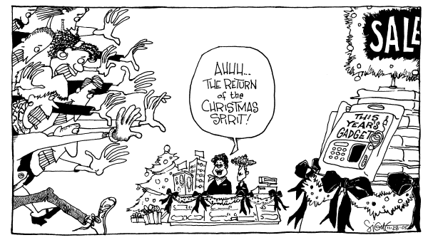 Political cartoon on Shopping Season Kicks Into Gear by Signe Wilkinson, Philadelphia Daily News