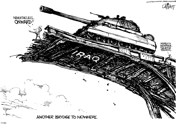 Political cartoon on Victory the Only Option, Bush Says by Pat Oliphant, Universal Press Syndicate