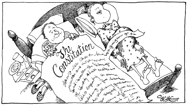 Political cartoon on Alito's Views Coming Into Focus by Signe Wilkinson, Philadelphia Daily News