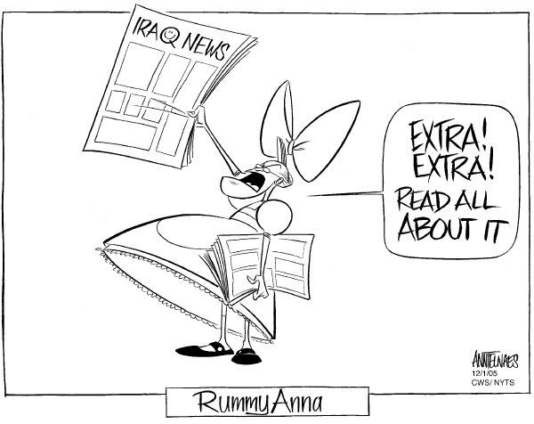 Political cartoon on US Manipulates Iraqi Media by Ann Telnaes, Tribune Media Services