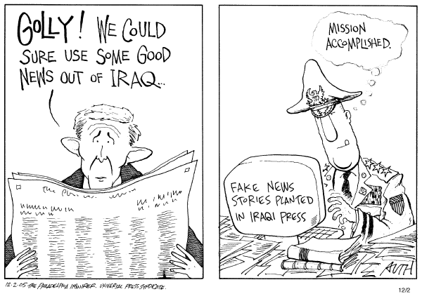 Political cartoon on US Manipulates Iraqi Media by Tony Auth, Philadelphia Inquirer