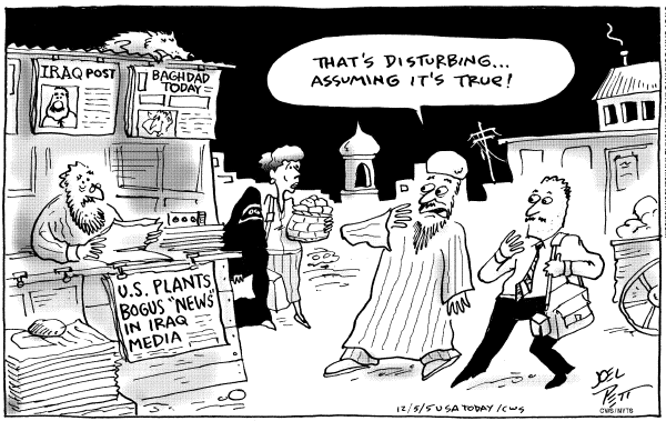 Political cartoon on US Manipulates Iraqi Media by Joel Pett, Lexington Observer