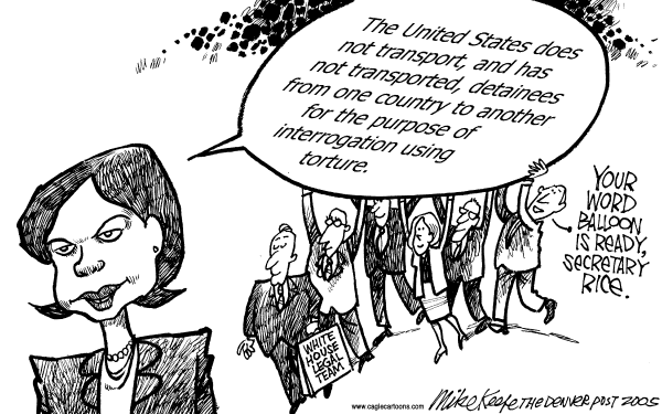 Political cartoon on Rice Explains Torture Policies by Mike Keefe, Denver Post
