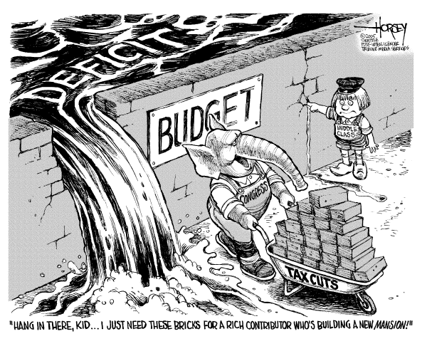 Political cartoon on Sacrifices Boost Economy by David Horsey, Seattle Post-Intelligencer