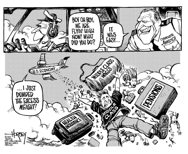 Political cartoon on Sacrifices Boost Economy by David Horsey, Seattle Post-Intelligencer