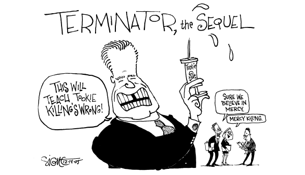 Political cartoon on California Man Executed by Signe Wilkinson, Philadelphia Daily News
